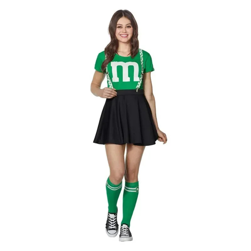 Kids M & M's Costume Cheerleader Uniform Kit with Suspender Family Games Parents-Child Clothing Outfits T-Shirt Black Skirt Set