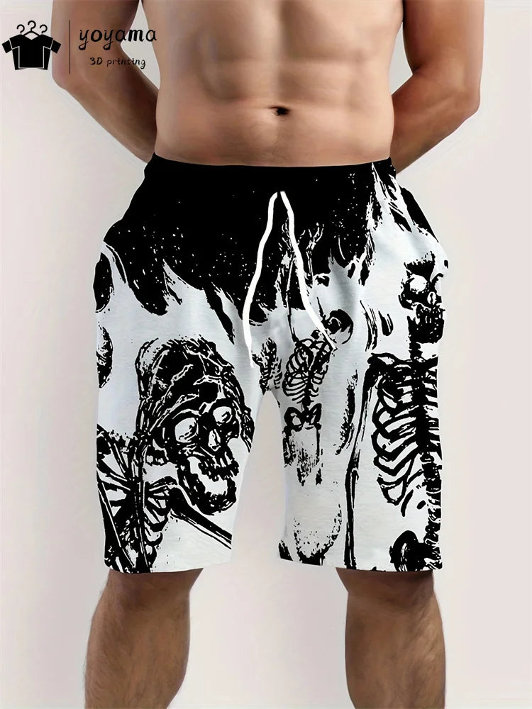 Fashion Skull Print Shorts Summer Mens Shorts Drawstring Men's Pants Casual Men's Fitness Sports Short Pants Breathable Man Pant
