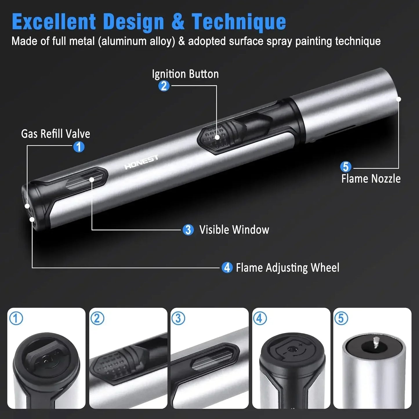 HONEST Metal Windproof Lighter Jet Flame Inflatable Pen Style Butane Lighter, Kitchen Barbecue Candle Camping Men's Small Tool