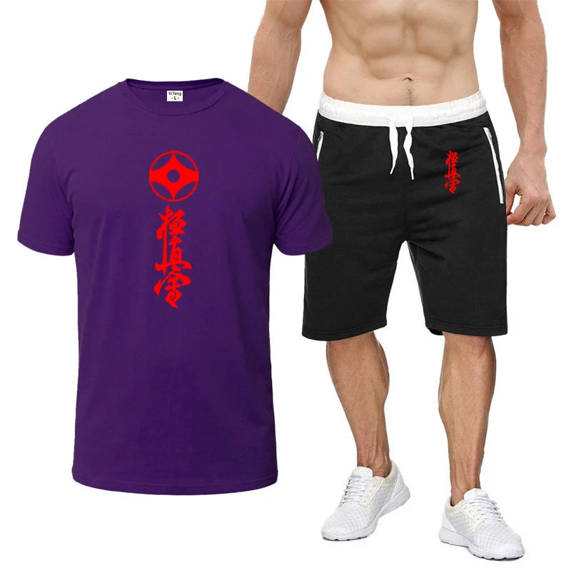 2025 Summer Man's Kyokushin Karate Masutatsu Oyama Japan Logo Print Solid Color Round Neck T-shirt+Breathable Short Pants Suits
