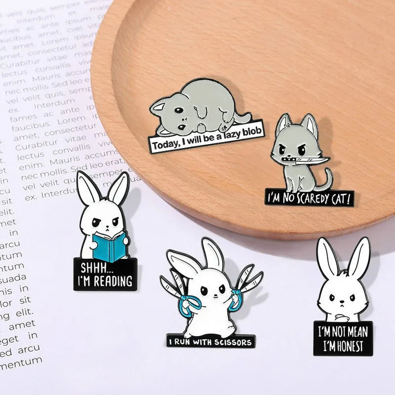 Rabbits Park Enamel Pins Custom Book Scissors Bunny Cats Brooch Lapel Badge Bag Cartoon Animal Jewelry Gift for Kids Friends