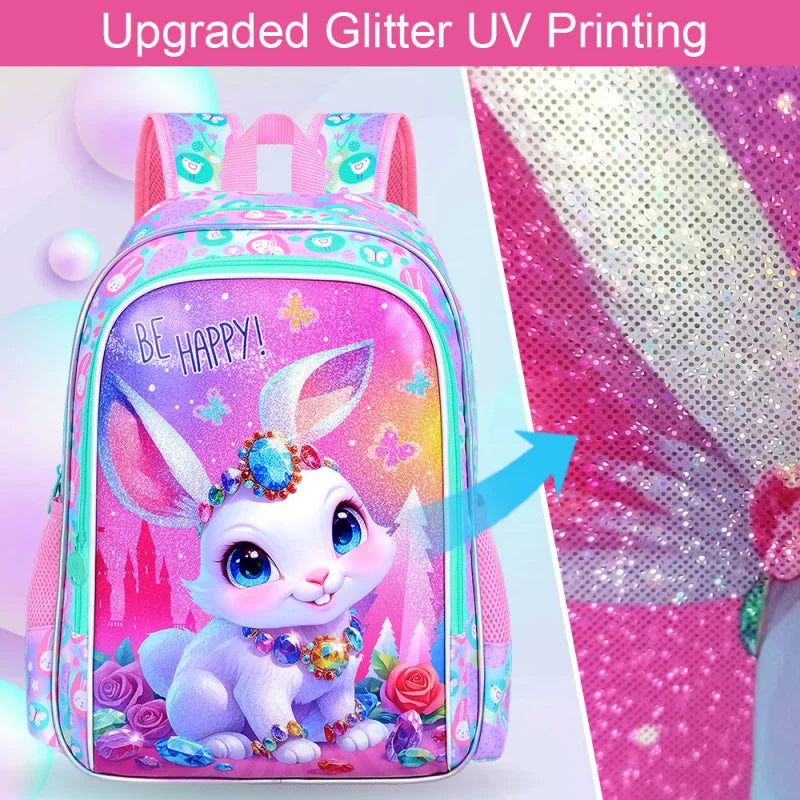 3Pcs Girls Backpack, 16" Kids Bookbag with Lunch Box，Rabbit School Backpacks for Elementary Preschool Kindergarten (Pink)