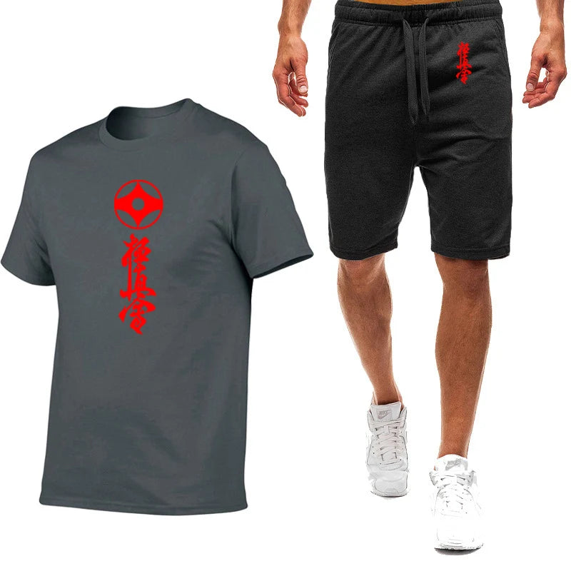 2025 Summer Man's Kyokushin Karate Masutatsu Oyama Japan Logo Print Solid Color Round Neck T-shirt+Breathable Short Pants Suits