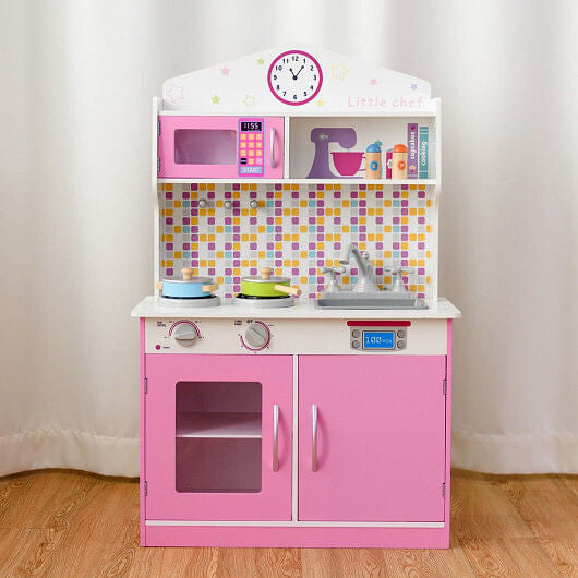 Kids Wooden Pretend Cooking Playset Cookware Play Set Kitchen Toys Toddler Gift-Pink-0