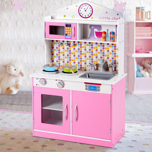 Kids Wooden Pretend Cooking Playset Cookware Play Set Kitchen Toys Toddler Gift-Pink-1