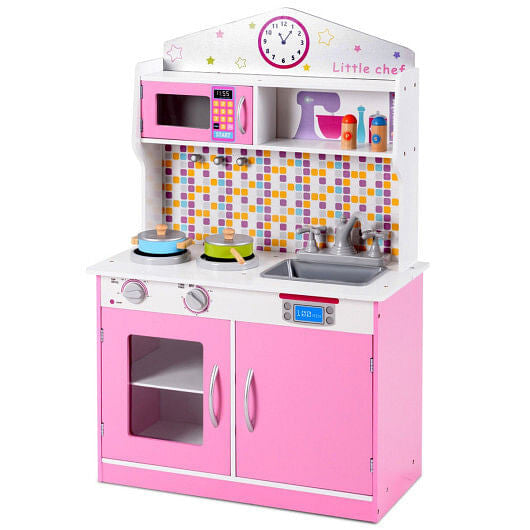 Kids Wooden Pretend Cooking Playset Cookware Play Set Kitchen Toys Toddler Gift-Pink-2