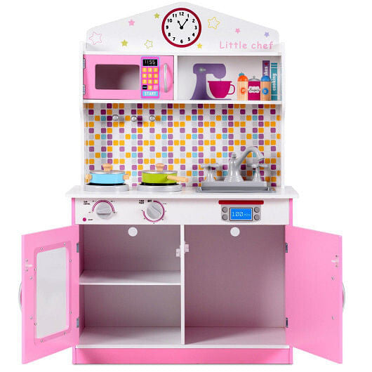 Kids Wooden Pretend Cooking Playset Cookware Play Set Kitchen Toys Toddler Gift-Pink-3