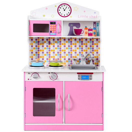 Kids Wooden Pretend Cooking Playset Cookware Play Set Kitchen Toys Toddler Gift-Pink-9