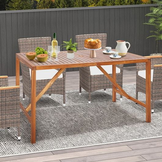 67 Inch Patio Rectangle Acacia Wood Dining Table with Umbrella Hole-1