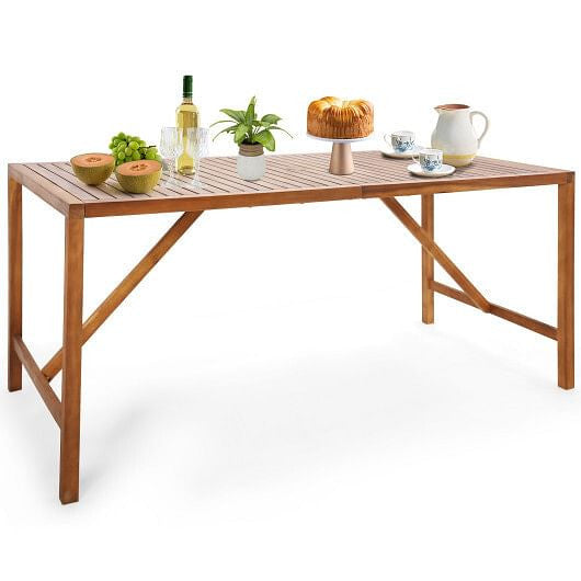 67 Inch Patio Rectangle Acacia Wood Dining Table with Umbrella Hole-4