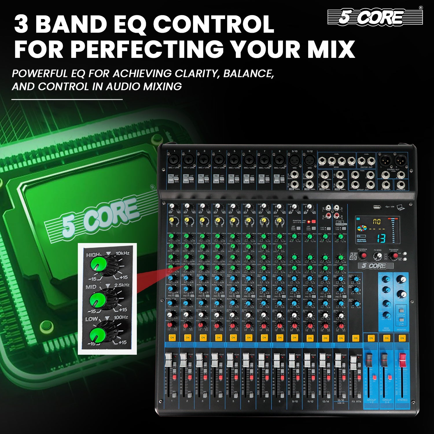 5Core Audio DJ Mixer 16 Channel Sound Board Console w 24 SPX Effect 48V Phantom Power-3