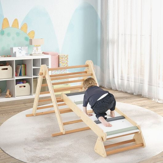 3-in-1 Pikler Triangle Climbing Set Kids Foldable Montessori Toys with Ramp-Natural-0