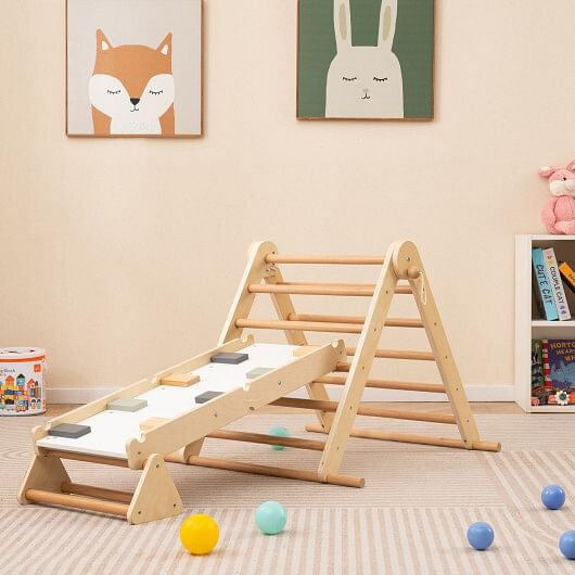 3-in-1 Pikler Triangle Climbing Set Kids Foldable Montessori Toys with Ramp-Natural-1