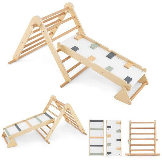 3-in-1 Pikler Triangle Climbing Set Kids Foldable Montessori Toys with Ramp-Natural-2