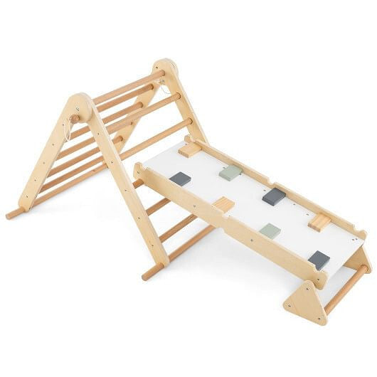3-in-1 Pikler Triangle Climbing Set Kids Foldable Montessori Toys with Ramp-Natural-4