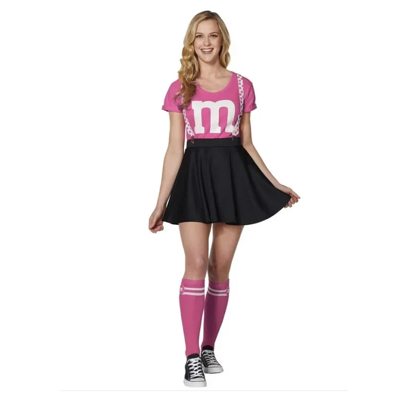 Kids M & M's Costume Cheerleader Uniform Kit with Suspender Family Games Parents-Child Clothing Outfits T-Shirt Black Skirt Set