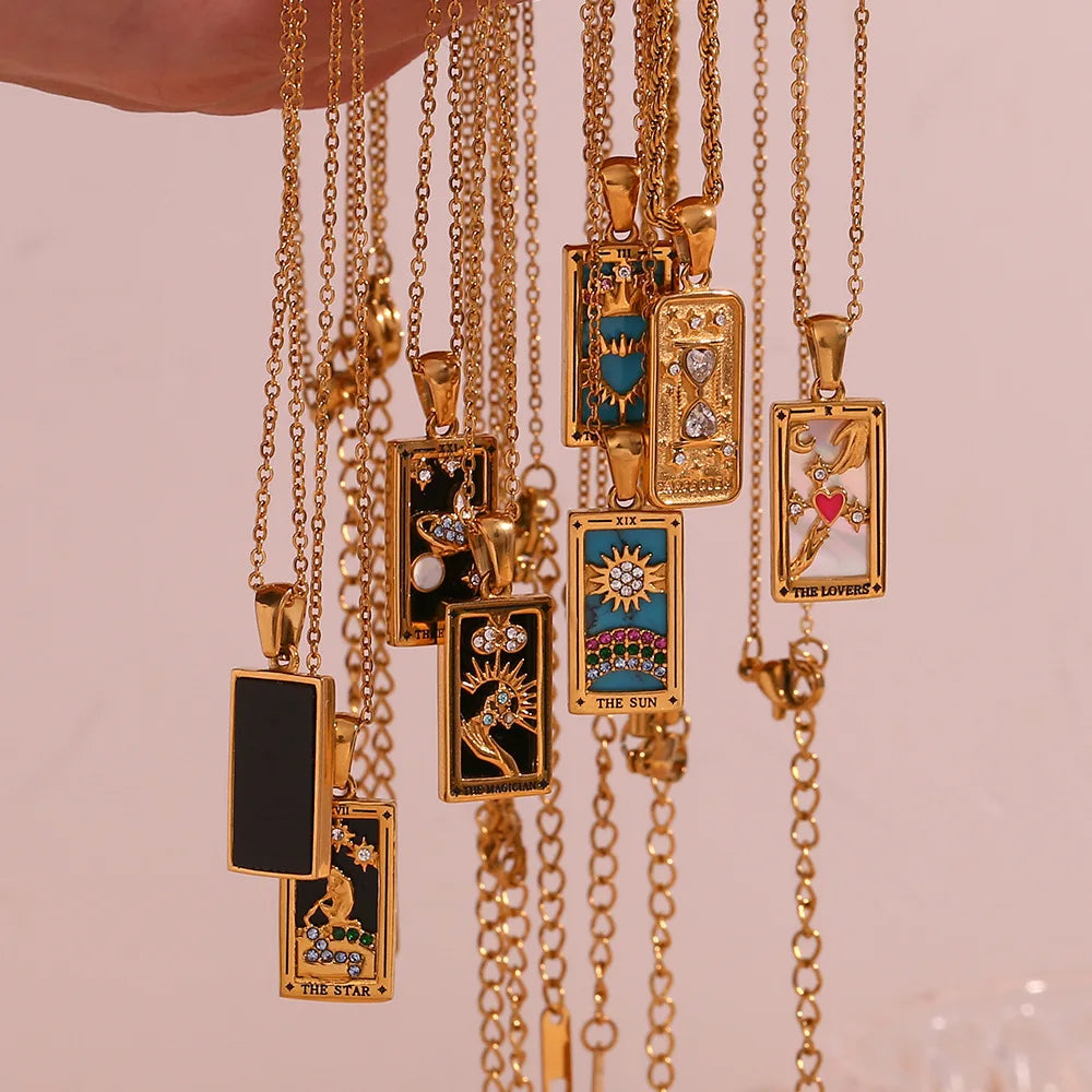 Gold Color Necklace for Women Zircon Christmas Jewelry Colorful Geometric Meaningful Sun Lover Stainless Steel Tarot Necklaces