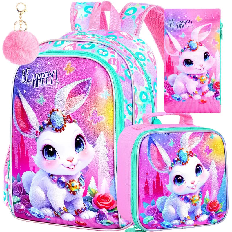 3Pcs Girls Backpack, 16" Kids Bookbag with Lunch Box，Rabbit School Backpacks for Elementary Preschool Kindergarten (Pink)