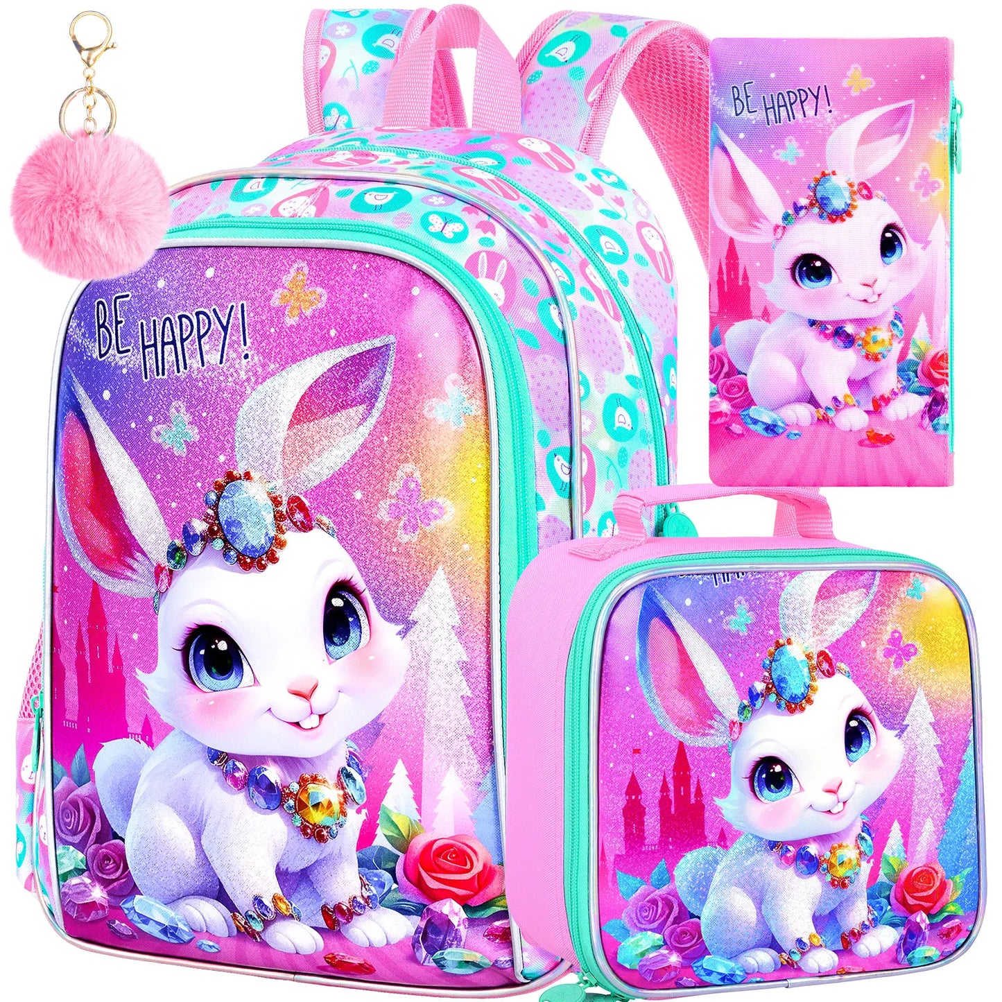 3Pcs Girls Backpack, 16" Kids Bookbag with Lunch Box，Rabbit School Backpacks for Elementary Preschool Kindergarten (Pink)