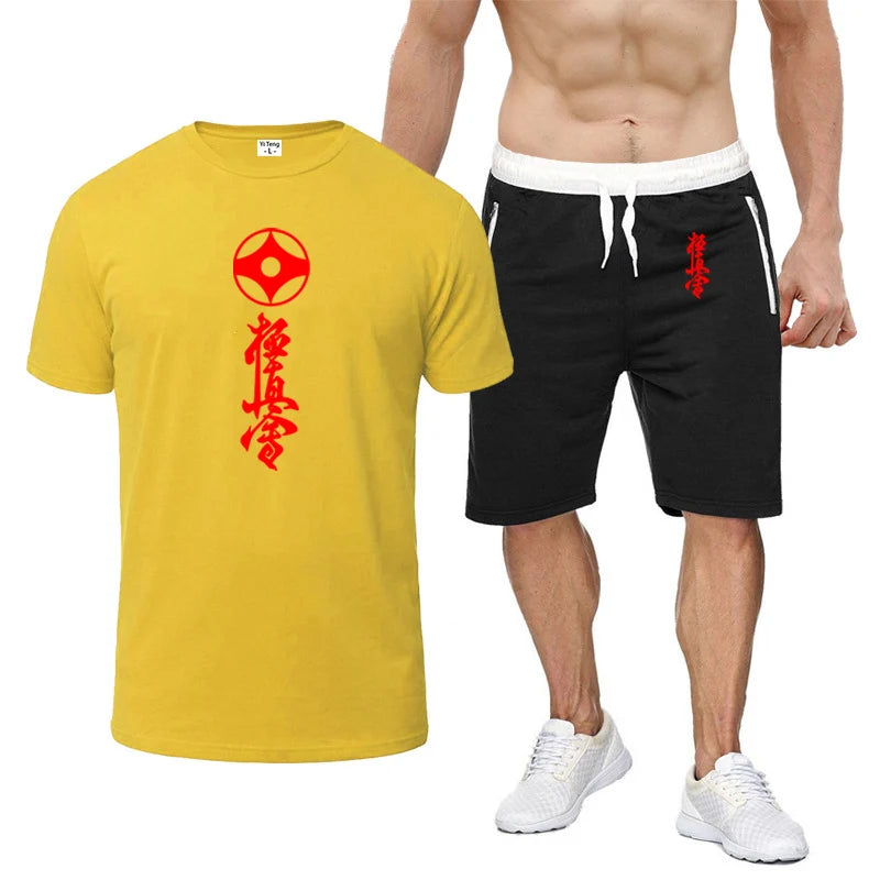 2025 Summer Man's Kyokushin Karate Masutatsu Oyama Japan Logo Print Solid Color Round Neck T-shirt+Breathable Short Pants Suits