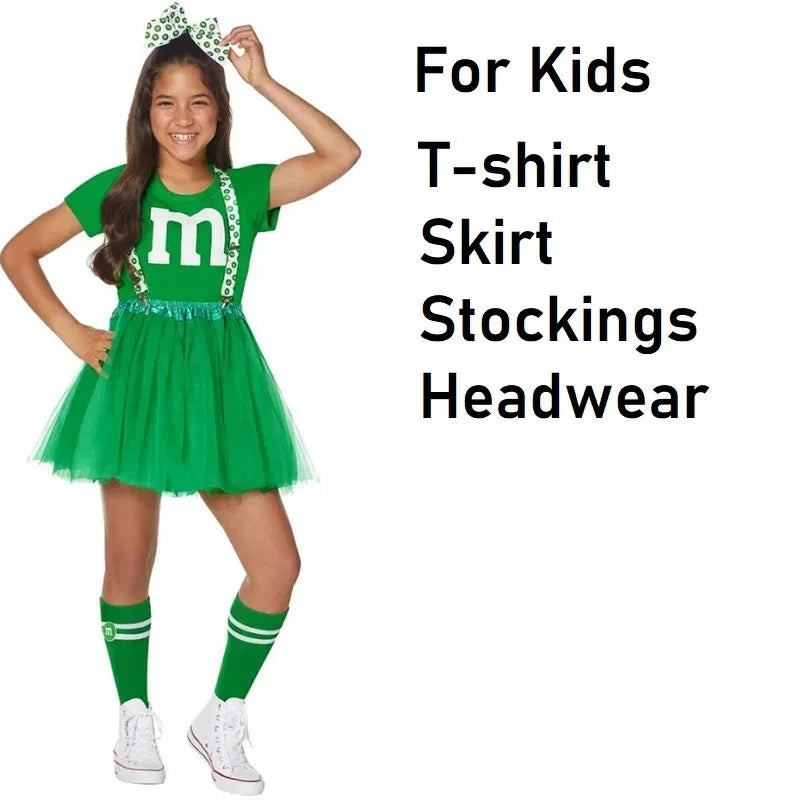 Kids M & M's Costume Cheerleader Uniform Kit with Suspender Family Games Parents-Child Clothing Outfits T-Shirt Black Skirt Set