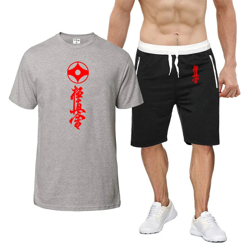 2025 Summer Man's Kyokushin Karate Masutatsu Oyama Japan Logo Print Solid Color Round Neck T-shirt+Breathable Short Pants Suits