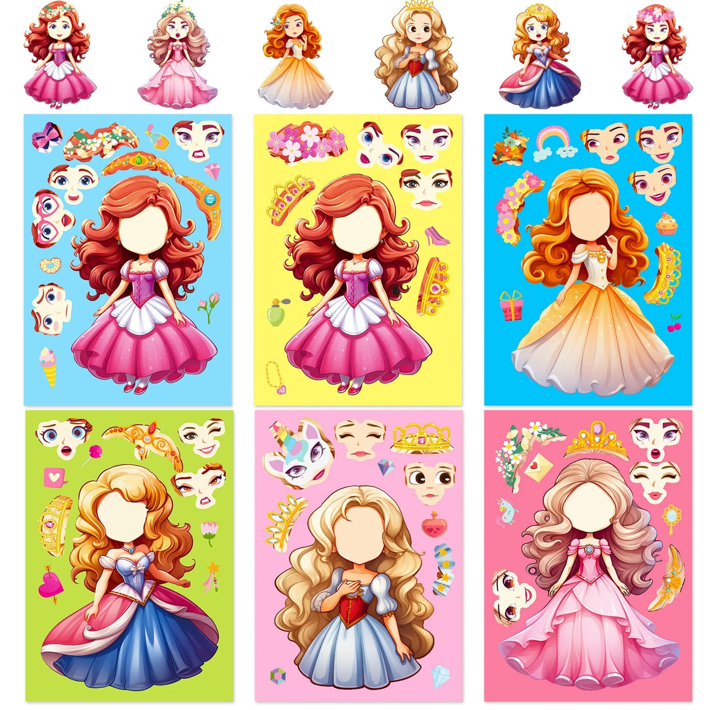 6-42Sheets Children DIY Puzzle Sticker Games 6 Princess Mermaid Make A Face Funny Assemble Jigsaw Stickers Kids Educational Toys