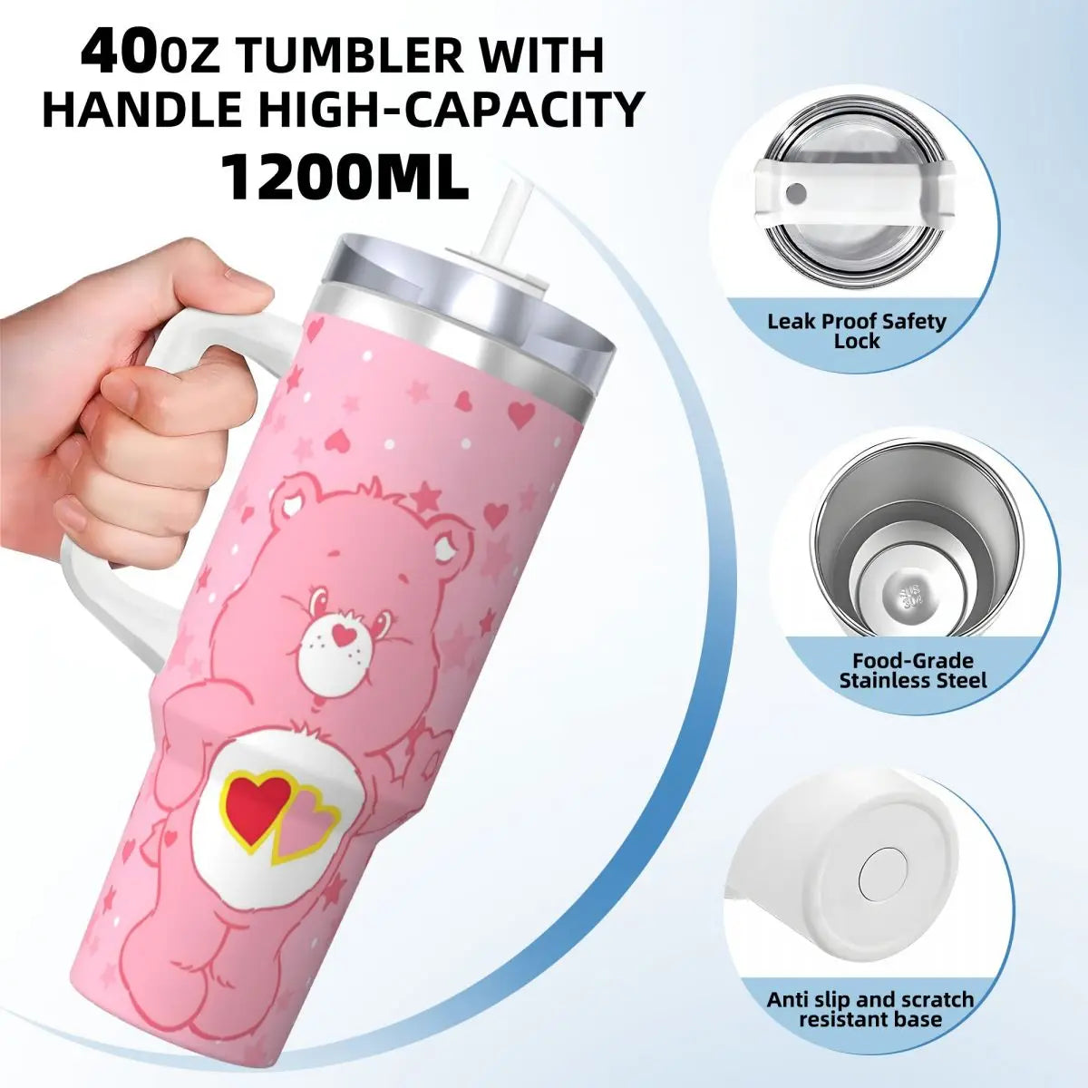 Care Bears Stainless Steel Tumbler Camping Thermal Cups With Straws and Lid Large Capacity Car Mugs Hot Drinks Water Bottle