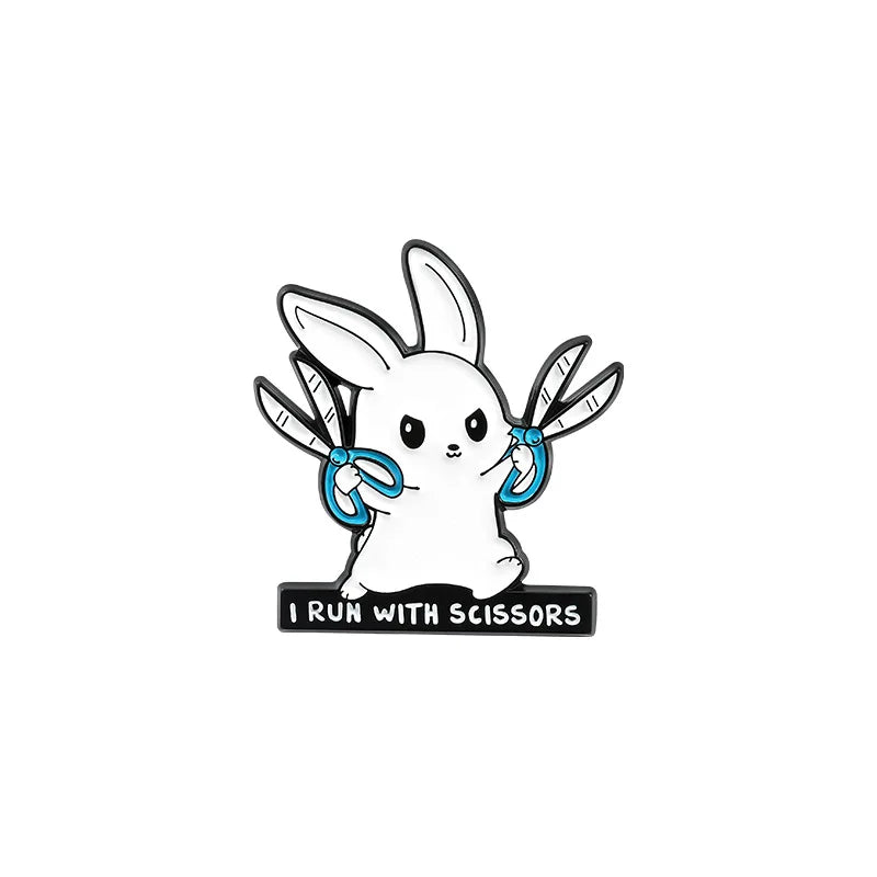 Rabbits Park Enamel Pins Custom Book Scissors Bunny Cats Brooch Lapel Badge Bag Cartoon Animal Jewelry Gift for Kids Friends