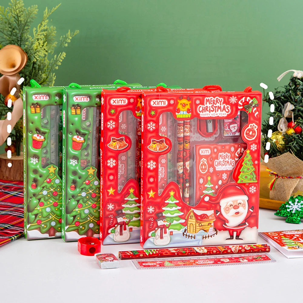 6pcs Christmas Gifts Kids Stationery set Party Favor Pencil Eraser Note Book Xmas Back To School Goodie Bag Carnival Supplies