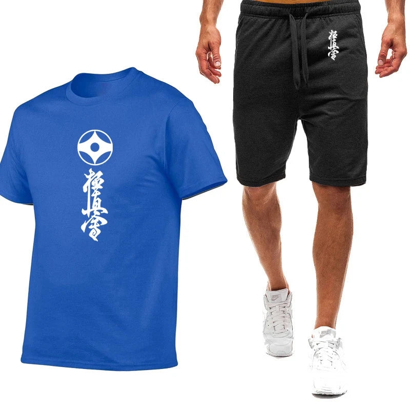 2025 Summer Man's Kyokushin Karate Masutatsu Oyama Japan Logo Print Solid Color Round Neck T-shirt+Breathable Short Pants Suits