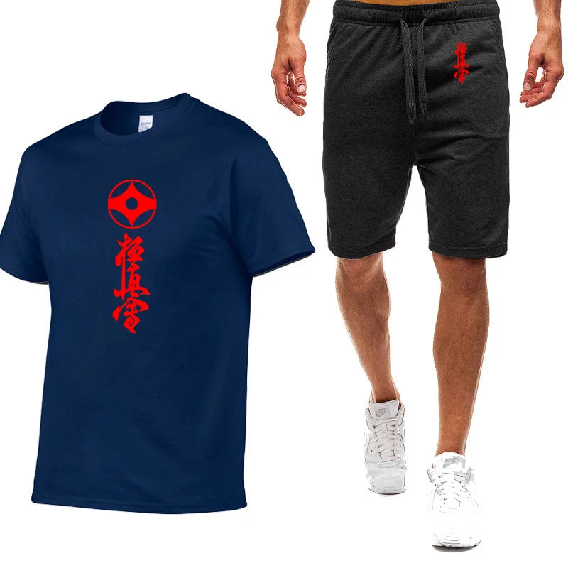 2025 Summer Man's Kyokushin Karate Masutatsu Oyama Japan Logo Print Solid Color Round Neck T-shirt+Breathable Short Pants Suits