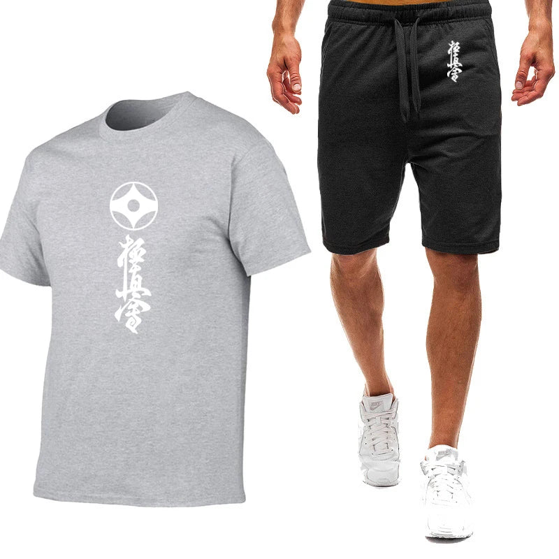 2025 Summer Man's Kyokushin Karate Masutatsu Oyama Japan Logo Print Solid Color Round Neck T-shirt+Breathable Short Pants Suits