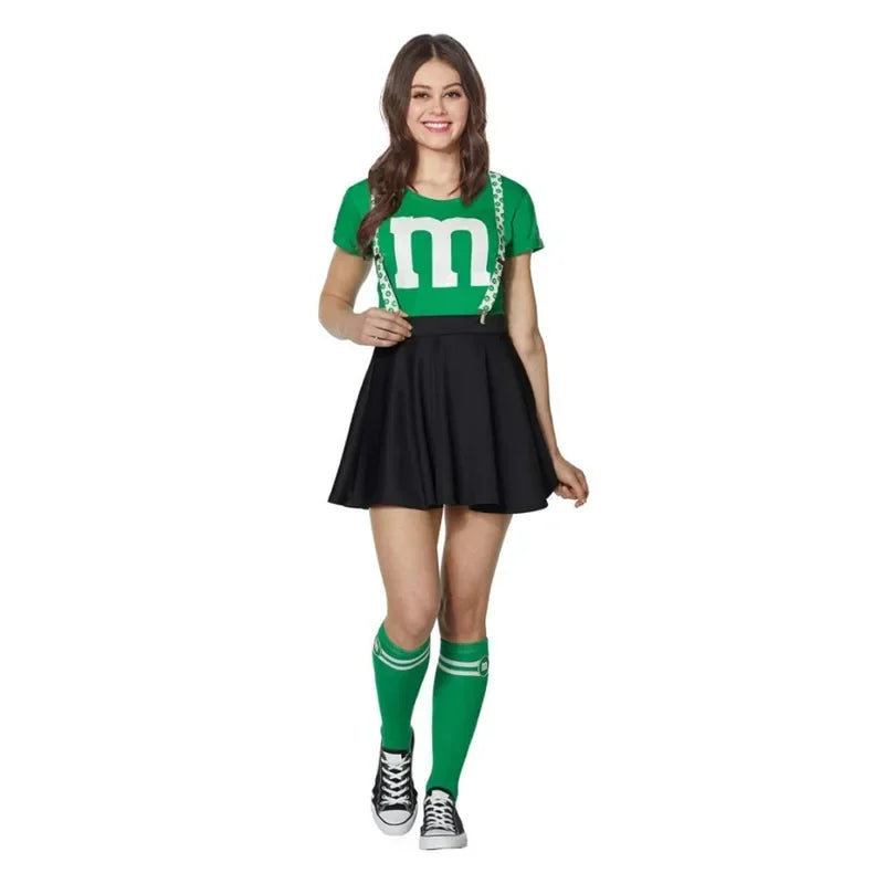 Kids M & M's Costume Cheerleader Uniform Kit with Suspender Family Games Parents-Child Clothing Outfits T-Shirt Black Skirt Set