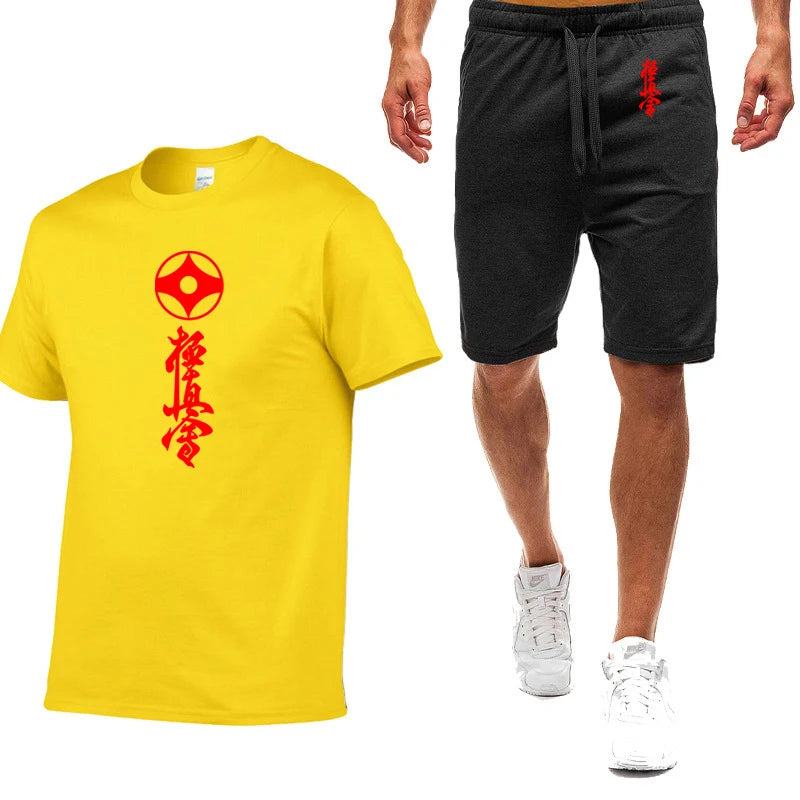 2025 Summer Man's Kyokushin Karate Masutatsu Oyama Japan Logo Print Solid Color Round Neck T-shirt+Breathable Short Pants Suits
