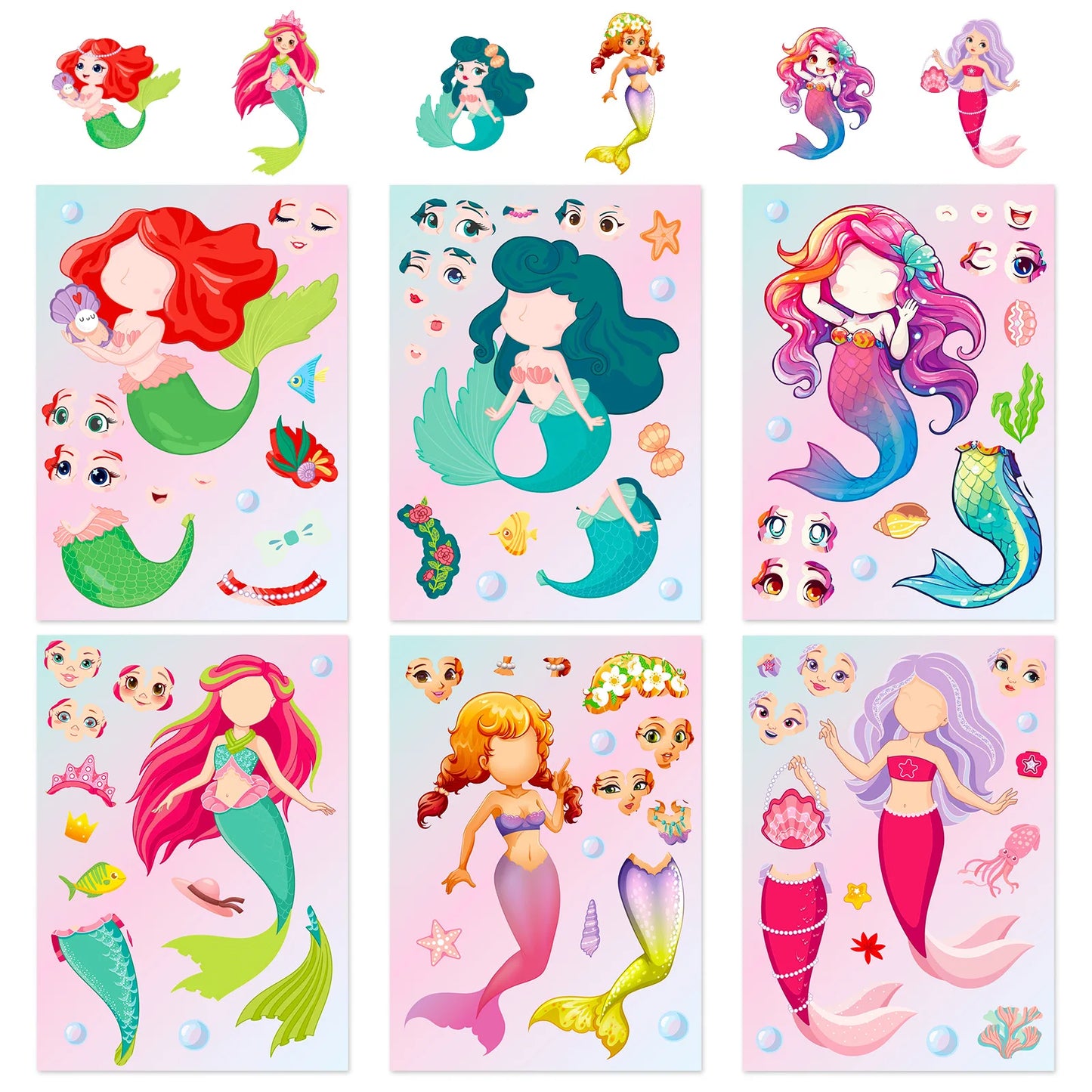 6-42Sheets Children DIY Puzzle Sticker Games 6 Princess Mermaid Make A Face Funny Assemble Jigsaw Stickers Kids Educational Toys