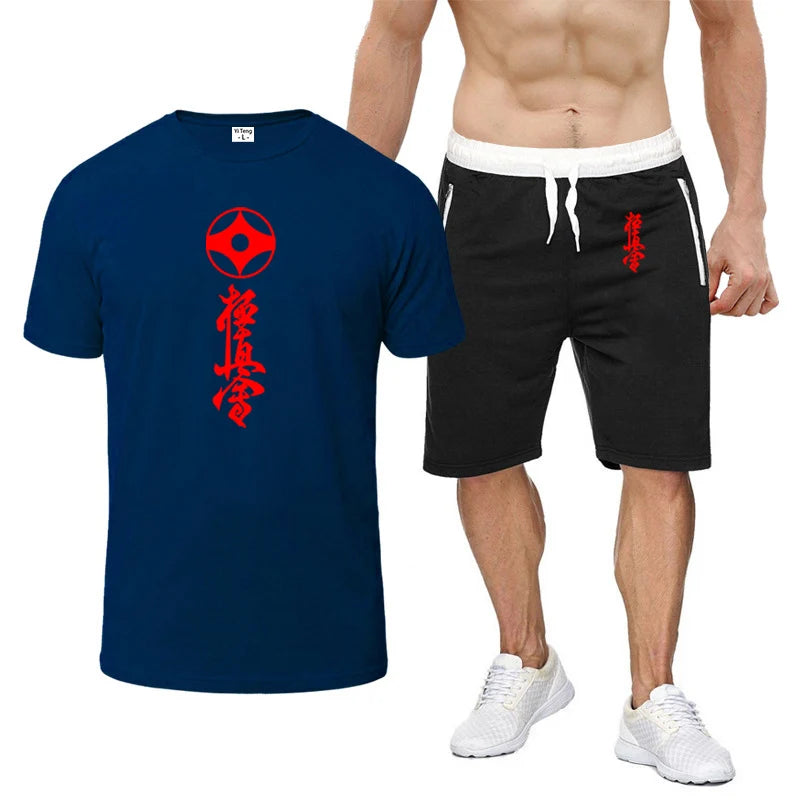 2025 Summer Man's Kyokushin Karate Masutatsu Oyama Japan Logo Print Solid Color Round Neck T-shirt+Breathable Short Pants Suits