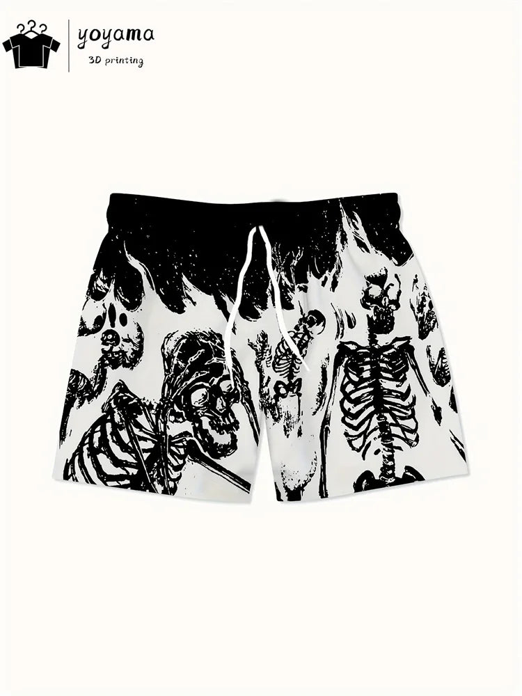 Fashion Skull Print Shorts Summer Mens Shorts Drawstring Men's Pants Casual Men's Fitness Sports Short Pants Breathable Man Pant