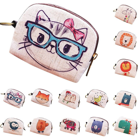 Cute Short Wallet Women Vintage Canvas Coin Purse Girl Card Holder Clutch Kids Cartoon Cat/Fox/Owl Small Change Purses-0