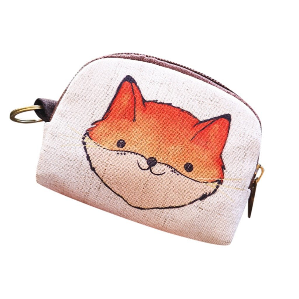 Cute Short Wallet Women Vintage Canvas Coin Purse Girl Card Holder Clutch Kids Cartoon Cat/Fox/Owl Small Change Purses-1