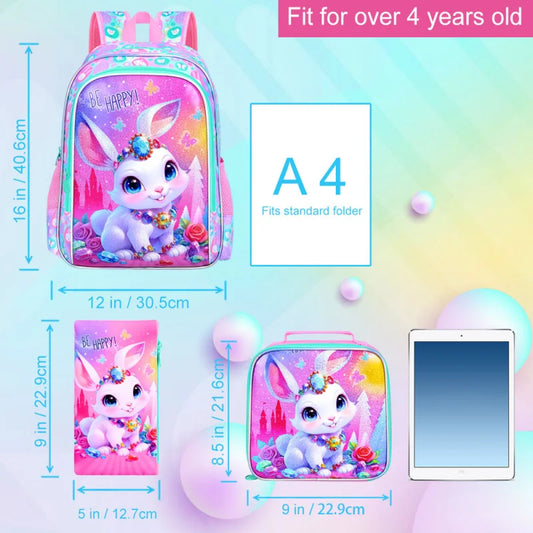 3Pcs Girls Backpack, 16" Kids Bookbag with Lunch Box，Rabbit School Backpacks for Elementary Preschool Kindergarten (Pink)