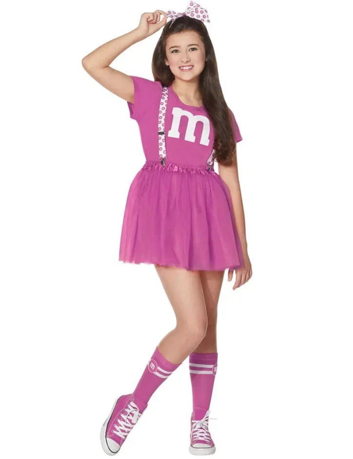 Kids M & M's Costume Cheerleader Uniform Kit with Suspender Family Games Parents-Child Clothing Outfits T-Shirt Black Skirt Set