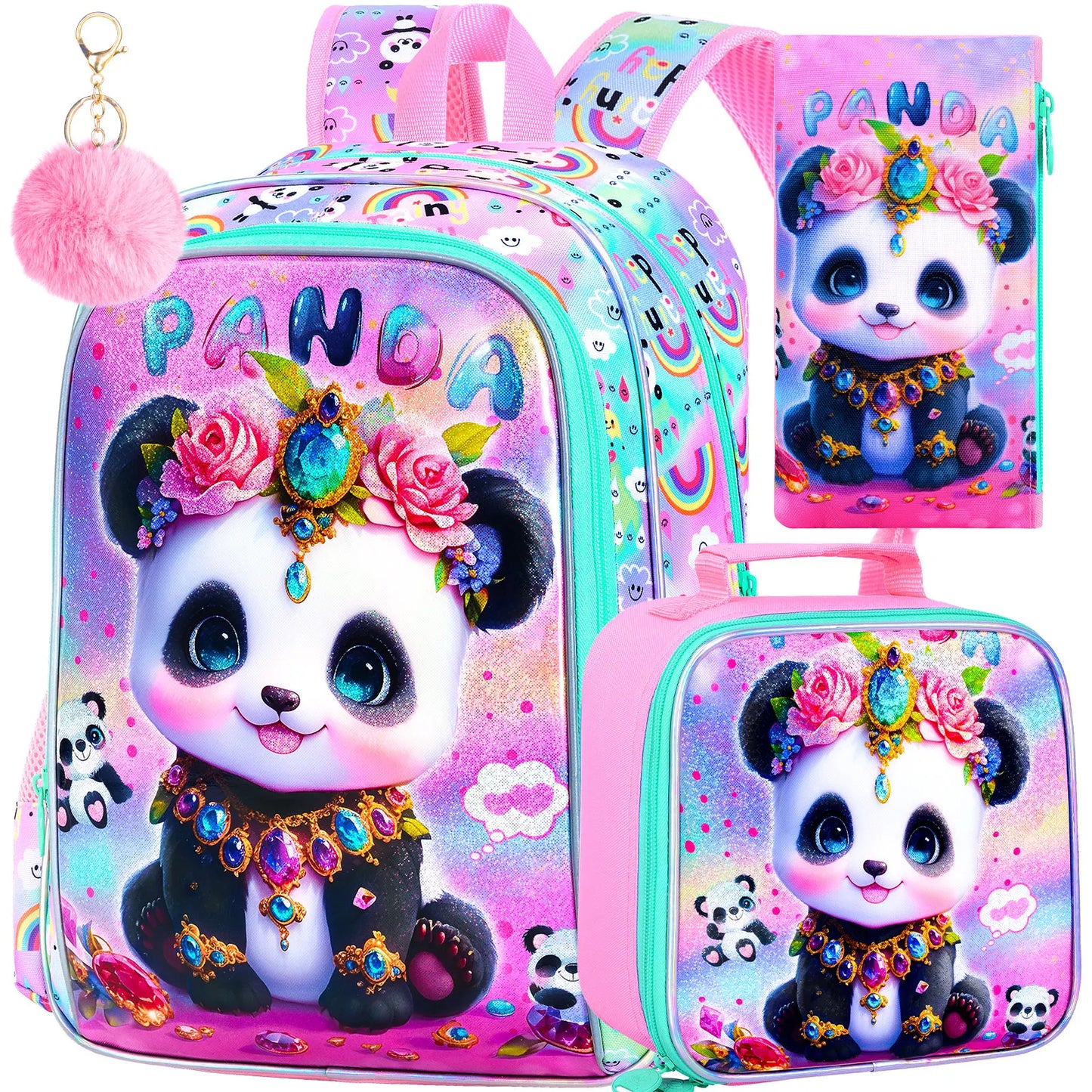 3Pcs Girls Backpack, 16" Kids Bookbag with Lunch Box，Rabbit School Backpacks for Elementary Preschool Kindergarten (Pink)