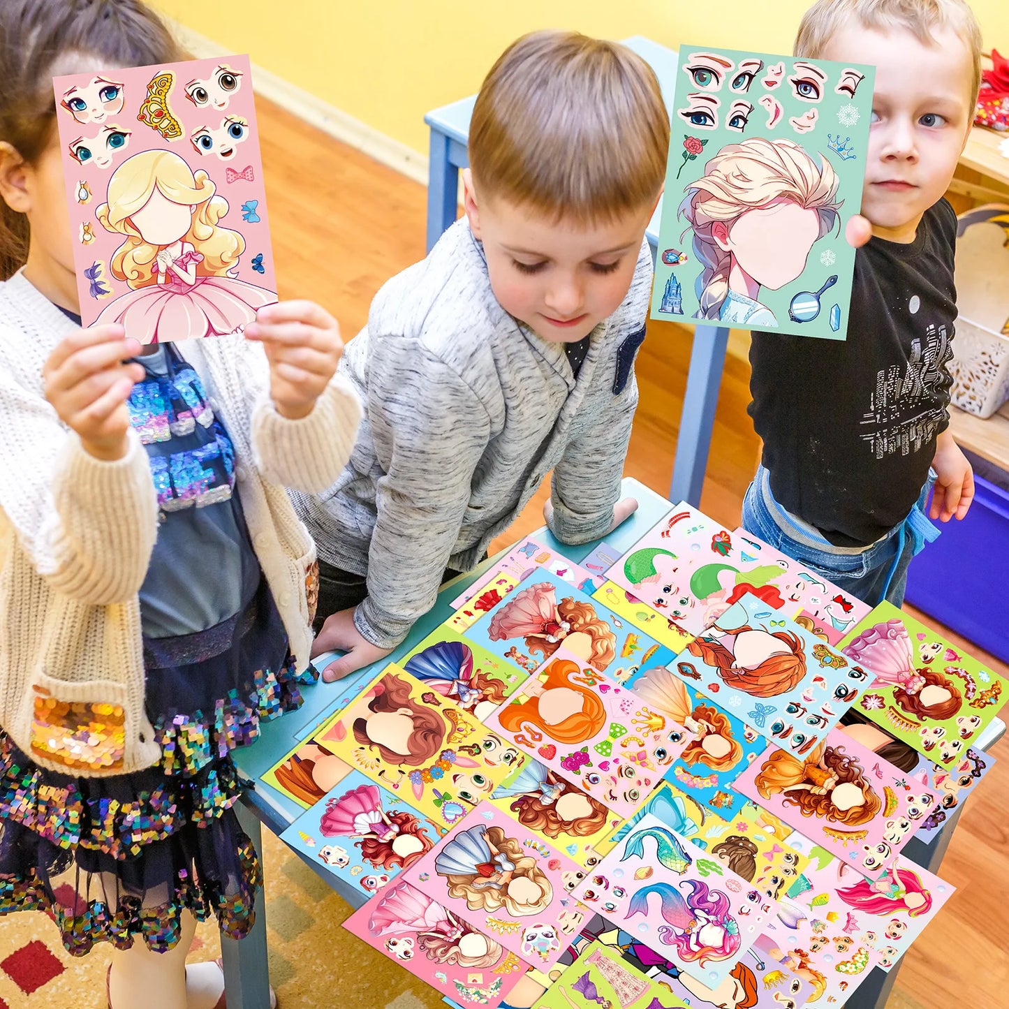 6-42Sheets Children DIY Puzzle Sticker Games 6 Princess Mermaid Make A Face Funny Assemble Jigsaw Stickers Kids Educational Toys