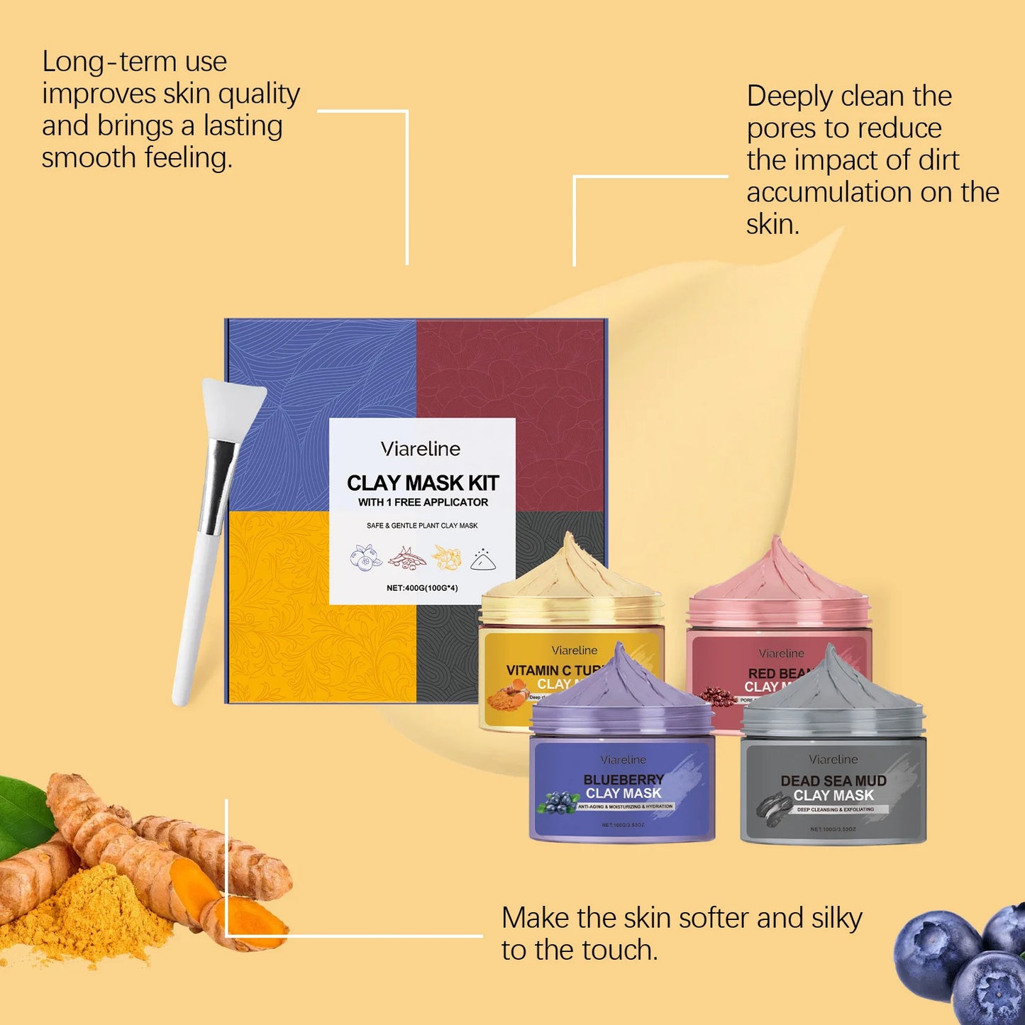 Viareline Deep Cleaning Face Clay Mask Remove Pores Dirts Smoothing Moisturizing Reduce Dullness Exfoliating Face Clay Mask Set