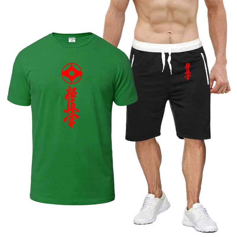 2025 Summer Man's Kyokushin Karate Masutatsu Oyama Japan Logo Print Solid Color Round Neck T-shirt+Breathable Short Pants Suits