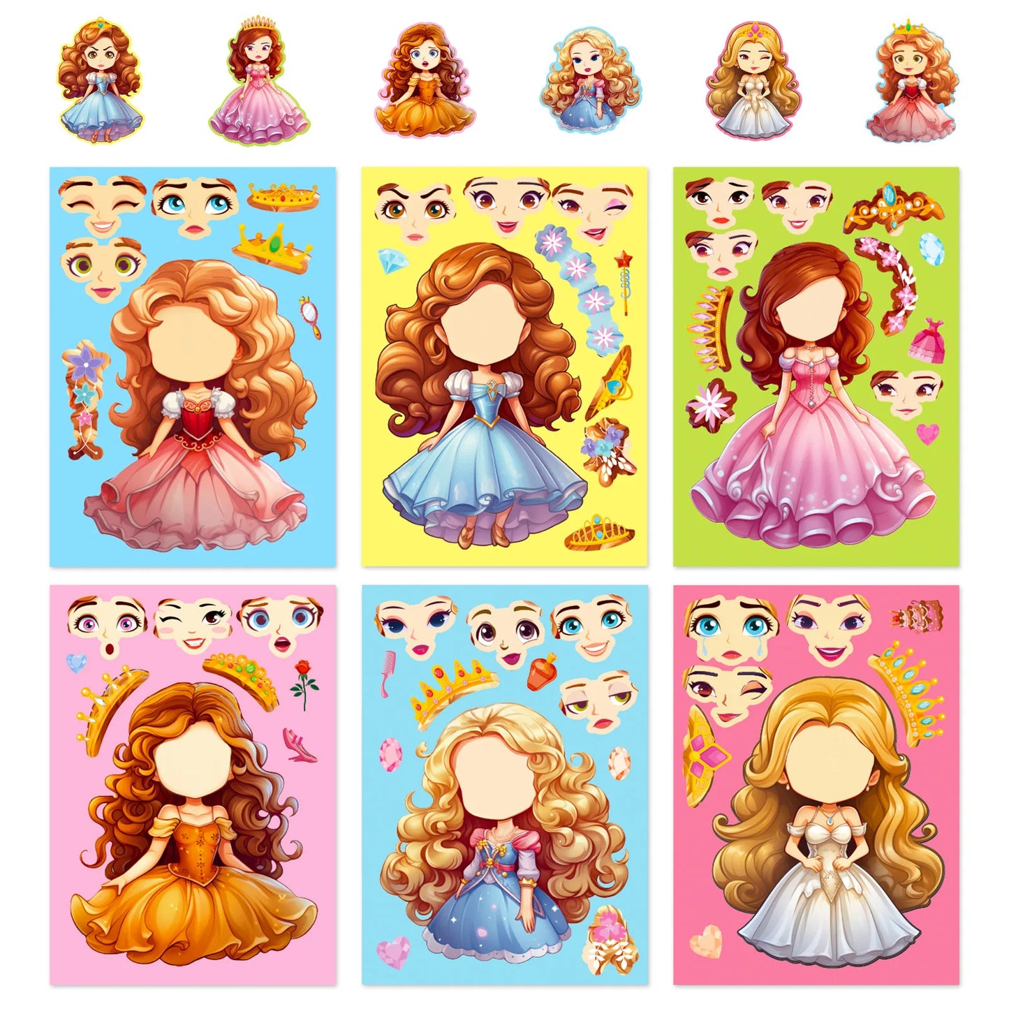 6-42Sheets Children DIY Puzzle Sticker Games 6 Princess Mermaid Make A Face Funny Assemble Jigsaw Stickers Kids Educational Toys