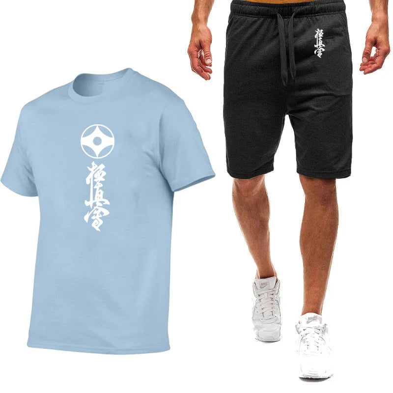 2025 Summer Man's Kyokushin Karate Masutatsu Oyama Japan Logo Print Solid Color Round Neck T-shirt+Breathable Short Pants Suits