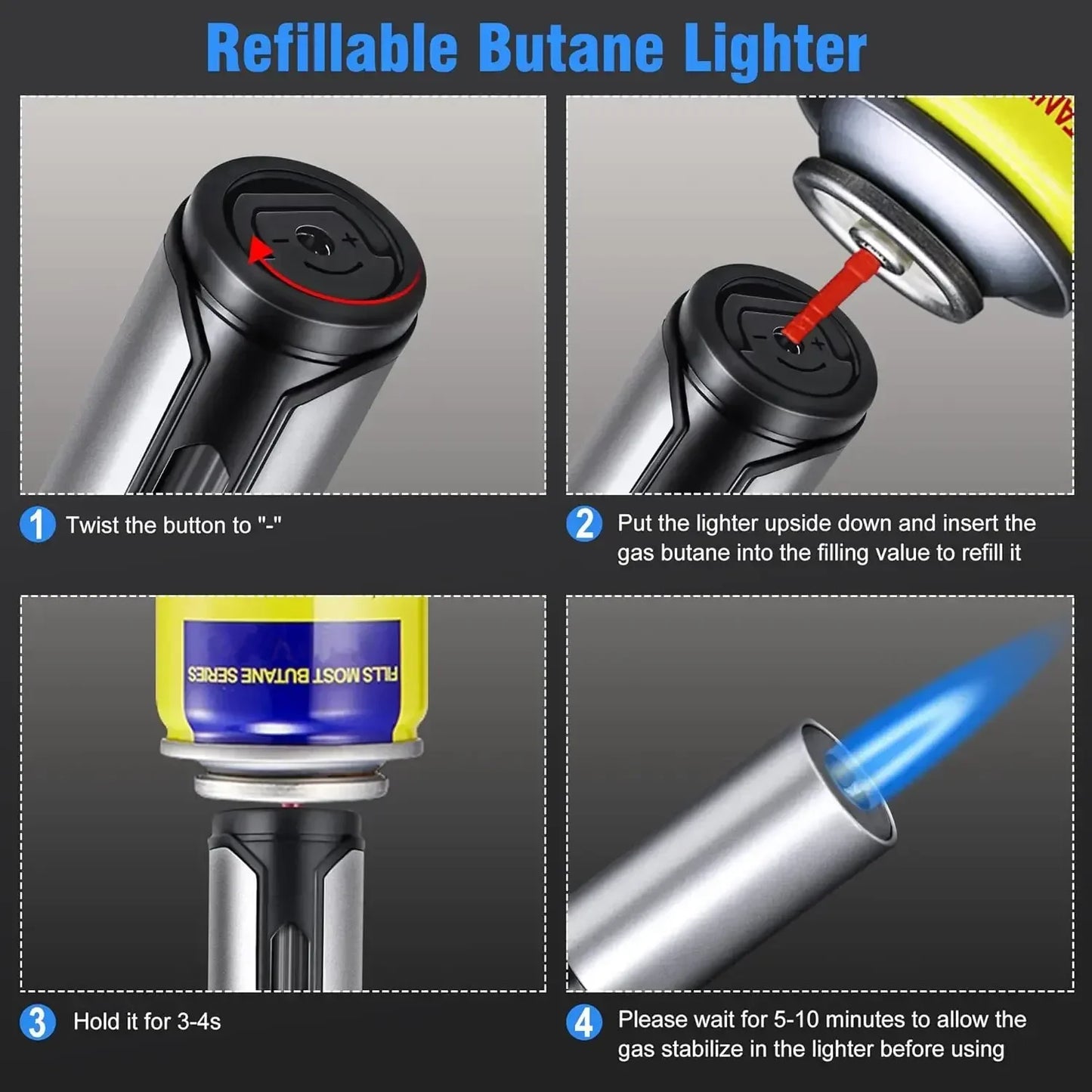 HONEST Metal Windproof Lighter Jet Flame Inflatable Pen Style Butane Lighter, Kitchen Barbecue Candle Camping Men's Small Tool