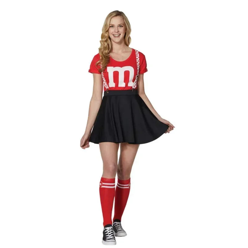 Kids M & M's Costume Cheerleader Uniform Kit with Suspender Family Games Parents-Child Clothing Outfits T-Shirt Black Skirt Set